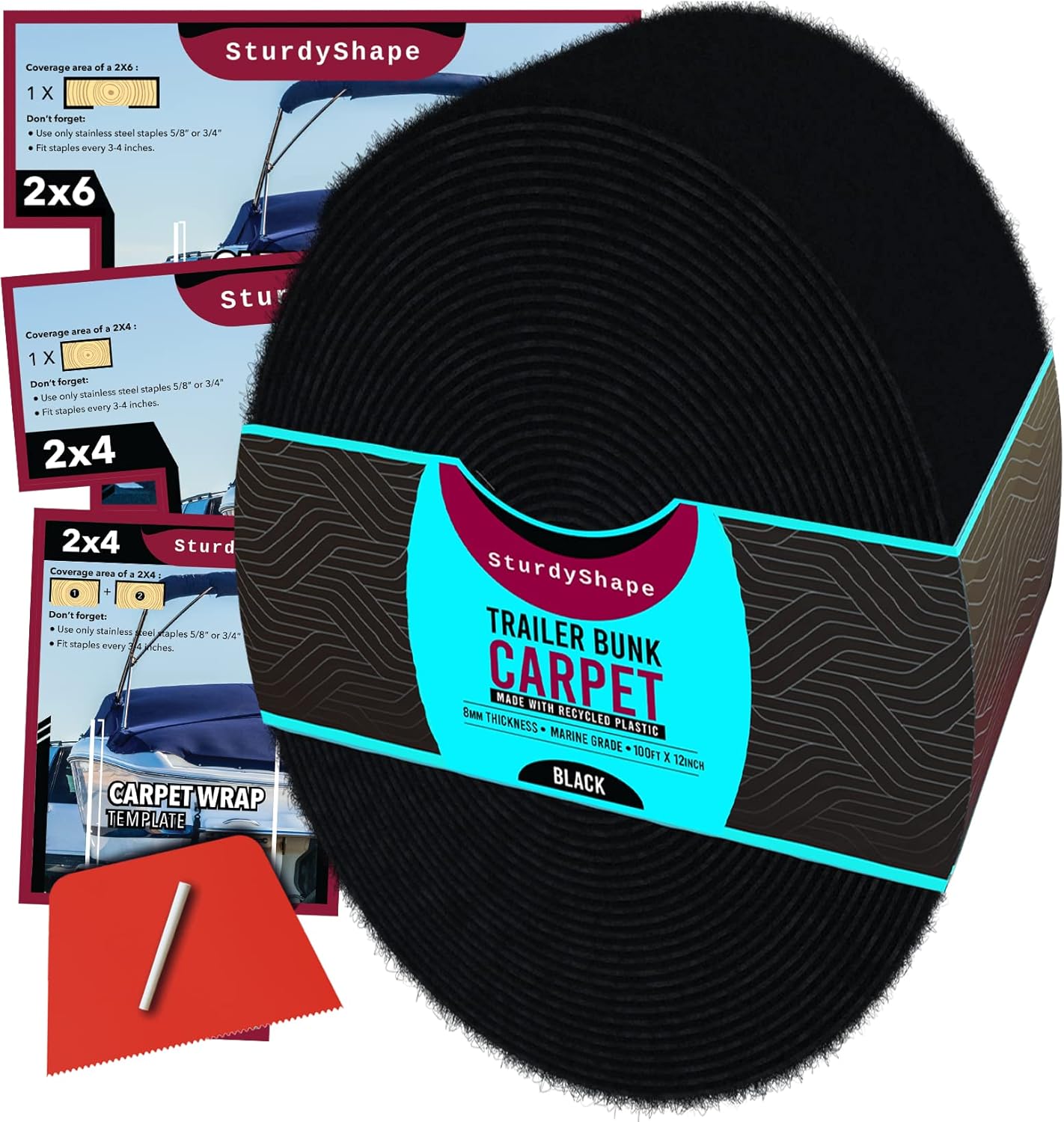 SturdyShape Premium Boat Trailer bunk Carpet Kit 25 oz -The Marine Carpet is 100ftx12in - Boat bunk Board Carpet - Boat bunk Carpet, Jet ski bunk/Boat Trailer Carpet