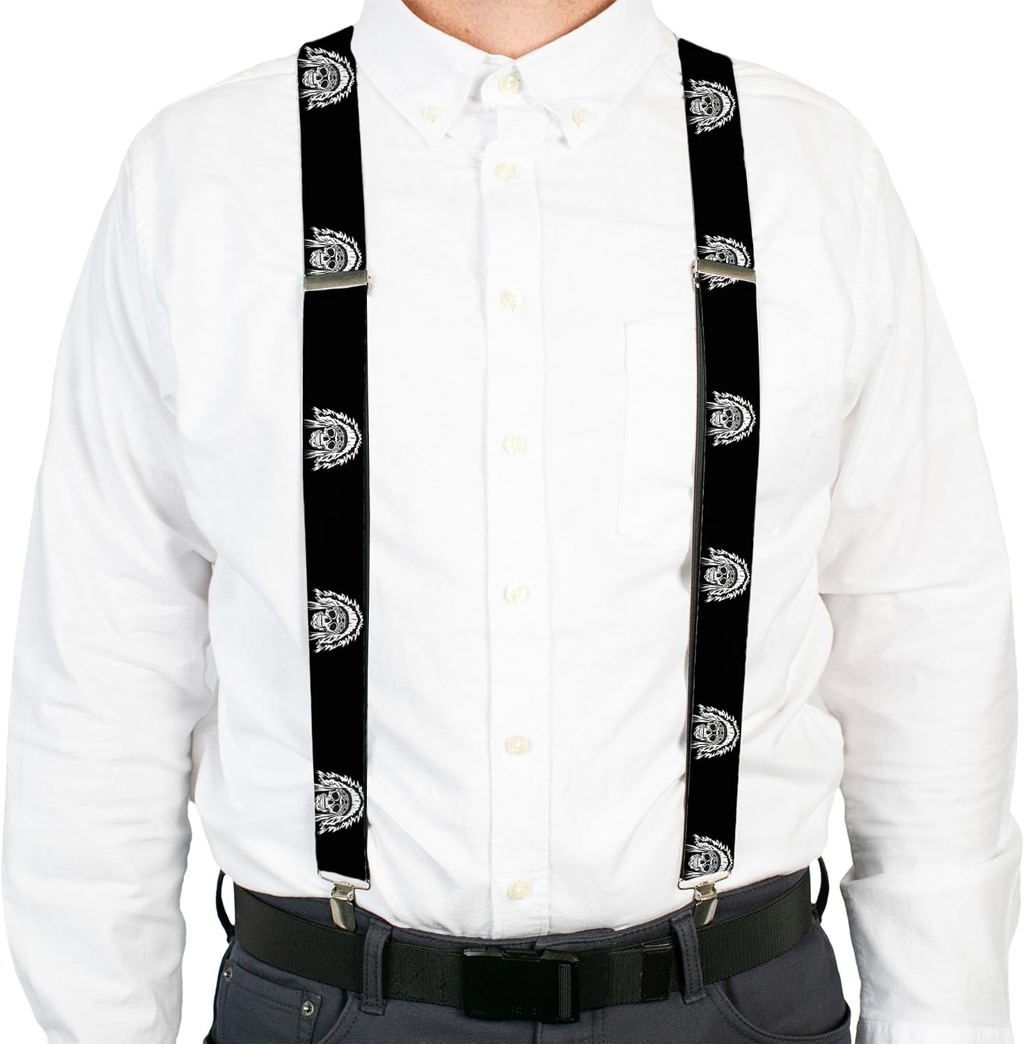 Buckle-Down Suspenders, Native American Skull Black White