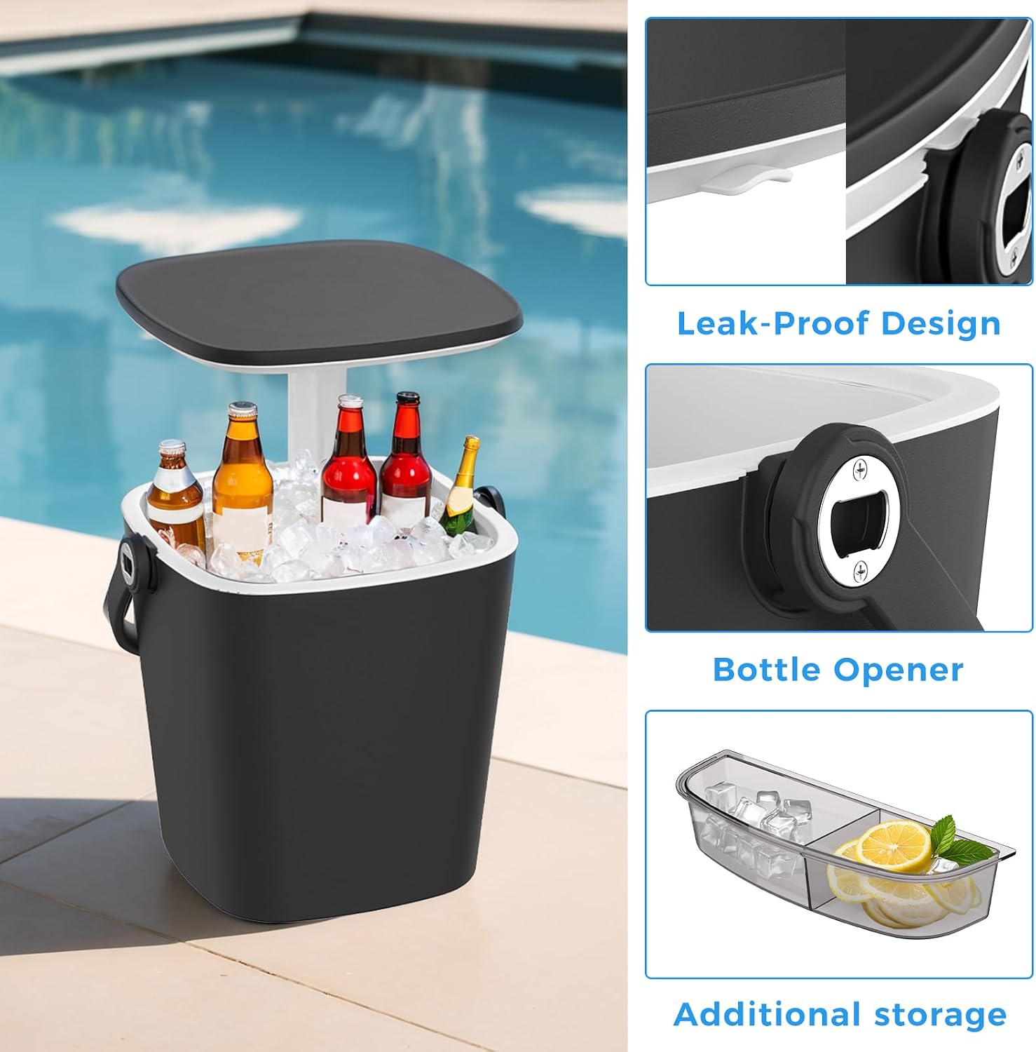 3-in-1 Resin Ice Bucket & Beverage Cooler – Outdoor Wood-Look Side Table with UV Protection & Drain Plug for Pool, Patio, and Bar Entertaining&Courtyard(Dark Black)