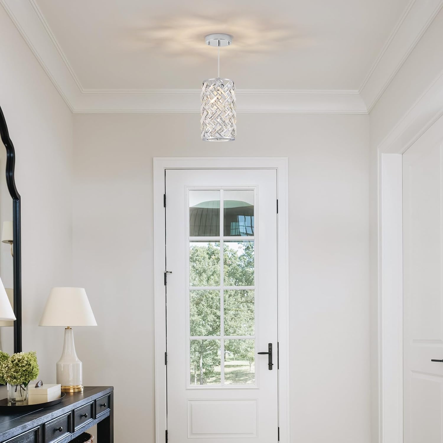 Modern Chrome Crystal Pendant Light Fixture – Adjustable Mini Chandelier Hanging Light for Kitchen Island, Dining Room, Bedroom, Hallway, or Foyer
