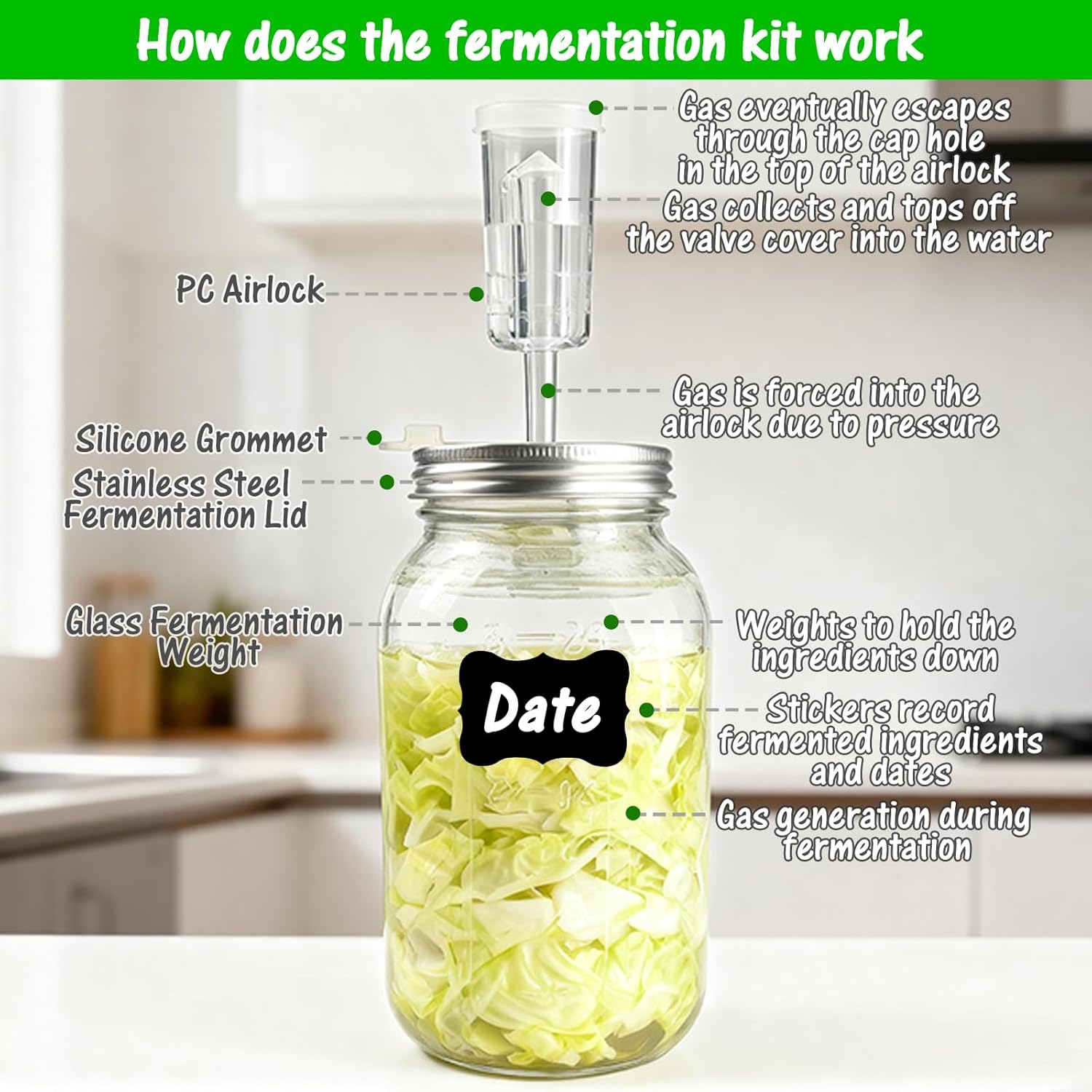 Fermentation Kit for Wide Mouth Mason Fermentation Jar, Fermentation Kit with 4 Glass Fermentation Weights,4 Fermenting Lids,4 Airlocks,5 Silicone Gaskets,6 Silicone Grommets, 9 Stickers（No Jars） - Image 6