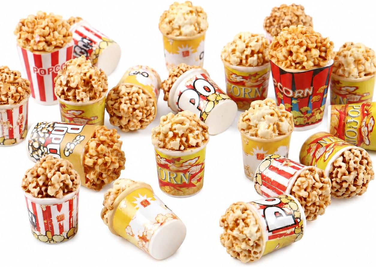 12PCS Miniature Popcorn Cups, Fake Popcorn Resin Mini Ornaments, Movie Theater Snack Themed Miniature Scene Decor, Desktop Shelf Display Accents, Collectible Photo Props
