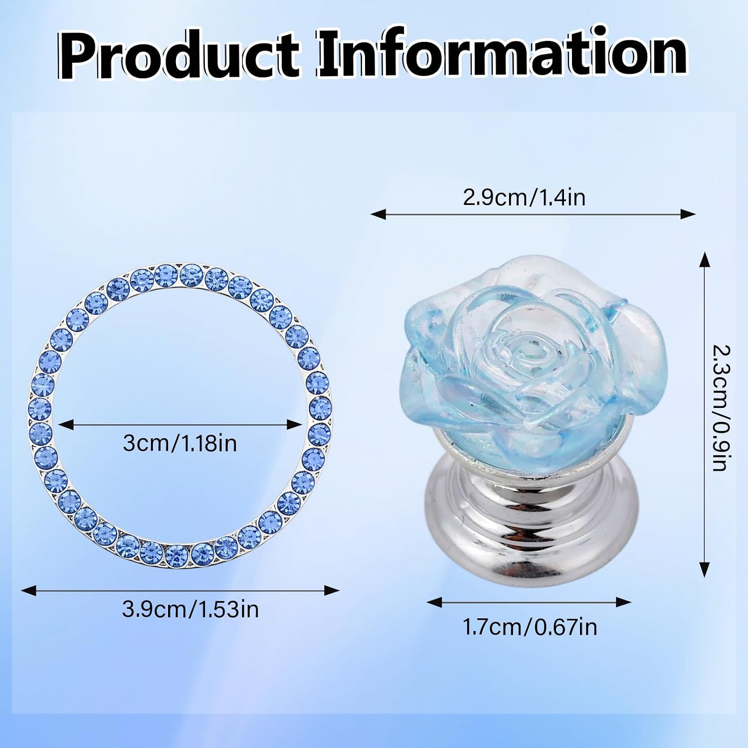 Blue Rose Push to Start Button Cover - Resin Flower Starter Cover & Bling Decorative Ring Decal, Car Interior Accessories, Engine Start/Stop Buttons Decor for Women