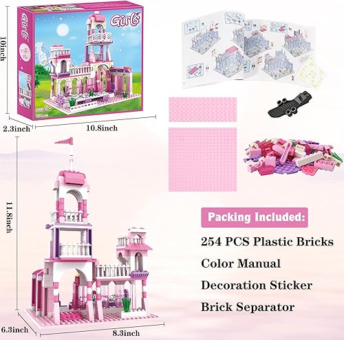 Miniatura 7 de Dream Girls - Juego de construcción de castillo de 254 piezas de palacio rosa, castillo de princesa, juguete para construir con 2 mini muñecas,
