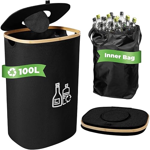 Indoor Recycle Bins for Kitchen with Removeable and Reusable Inner Bag, 26 Gallon 100L Recycling Bin with Lid for Bottle Can Glass Waste Plastice Stickers,Black