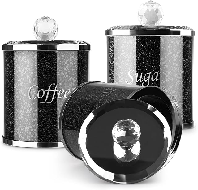 Supernic 3pcs Sugar Canisters Jars Diamond Crushed Crystal Filled Easy Clean with Lid Containers for Jam Tea Coffee Beans Cookie Snack Flour Sugar(Black)