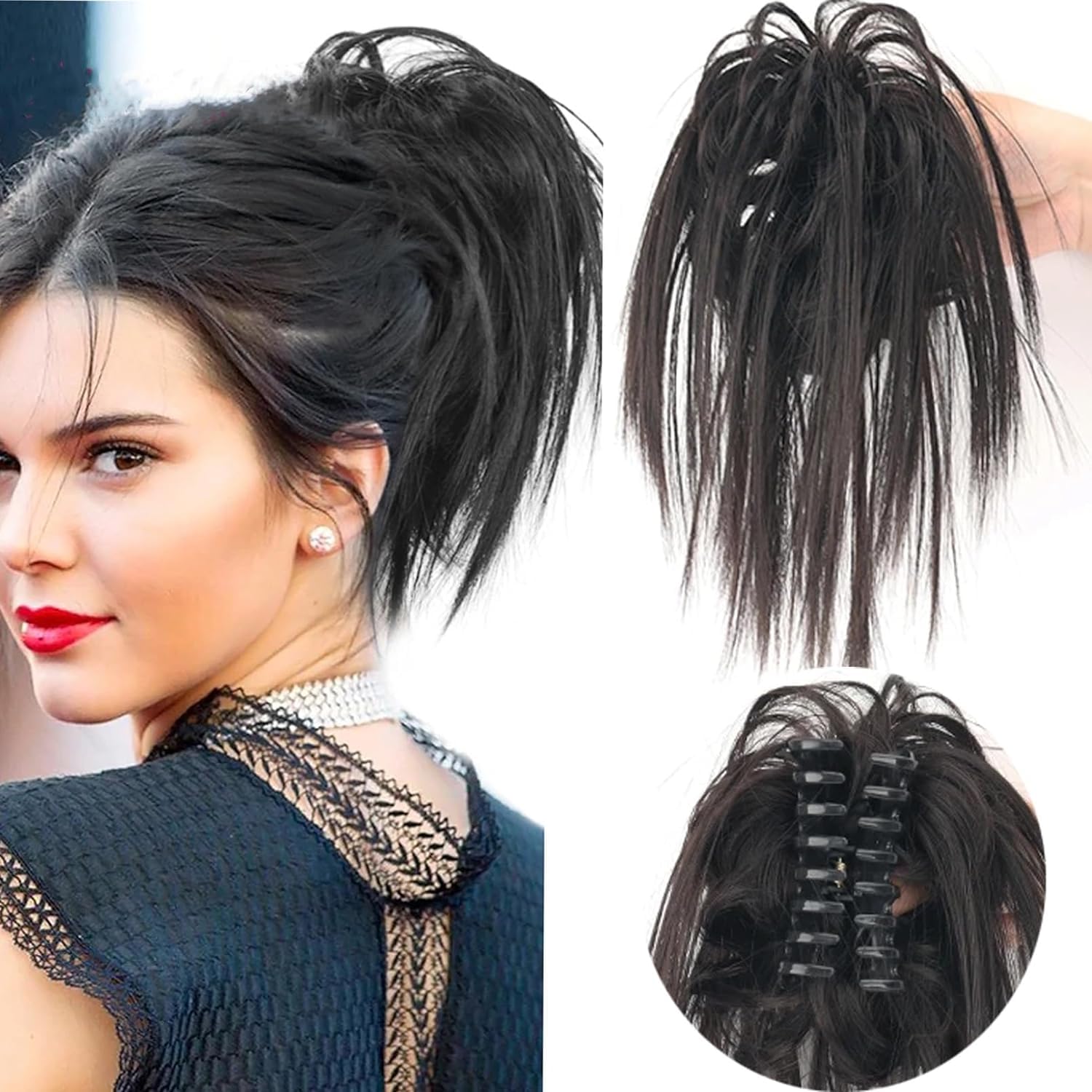 HAIR WALA™ Claw Clip Messy Hair Extension Tousled Updo Messy Hair Bun Hair Scrunchies Synthetic Wavy Curly Chignon Hair Extension Ponytail for Women, Matte Finish, (Black)