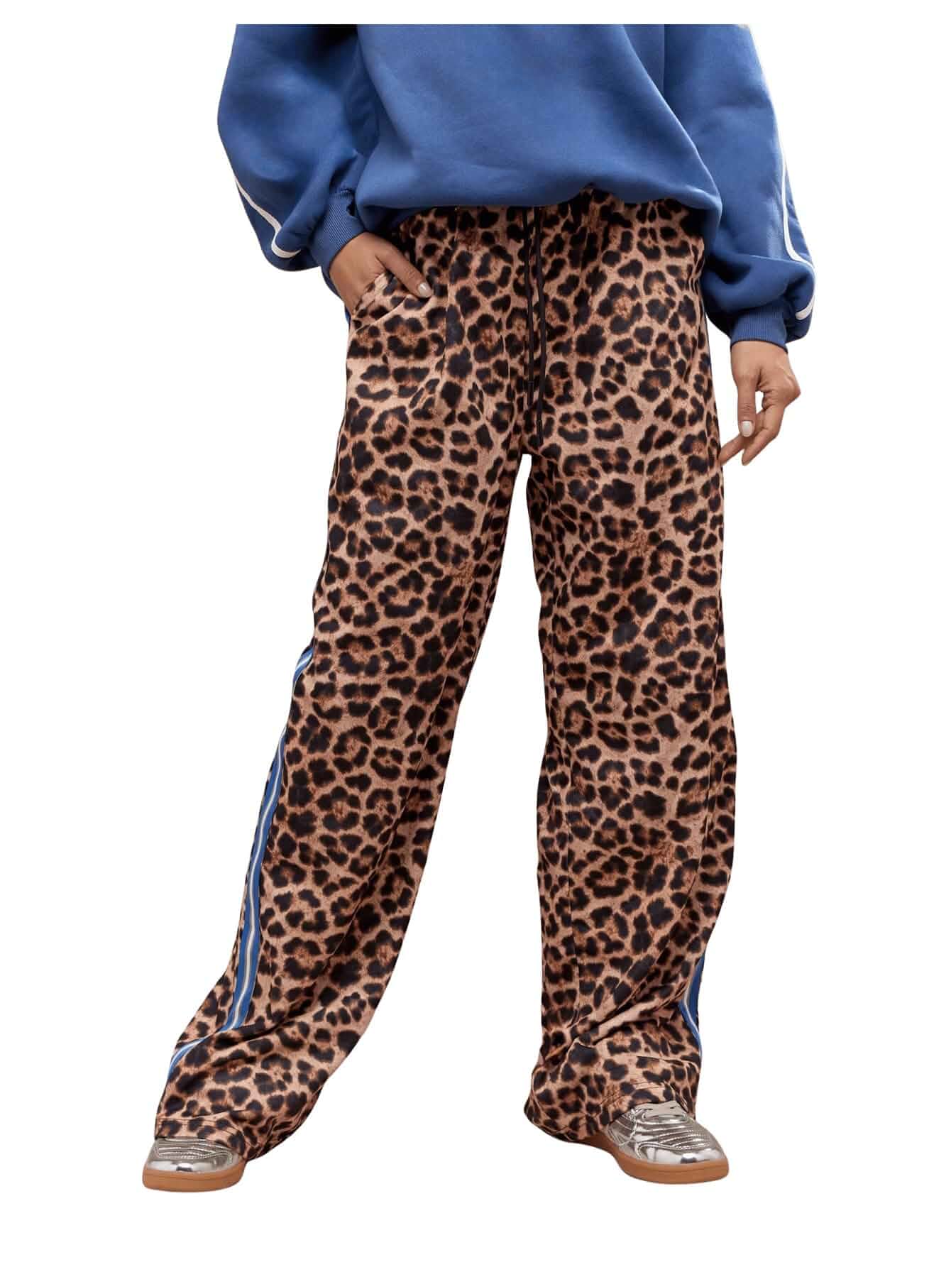 WDIRARA Women Y2k Leopard Print Track Pants Elastic Waist Wide Leg Trousers Cheetah, Animal Print, Loose Bottoms, Blue Red Stripe Side, Funky Streetwear