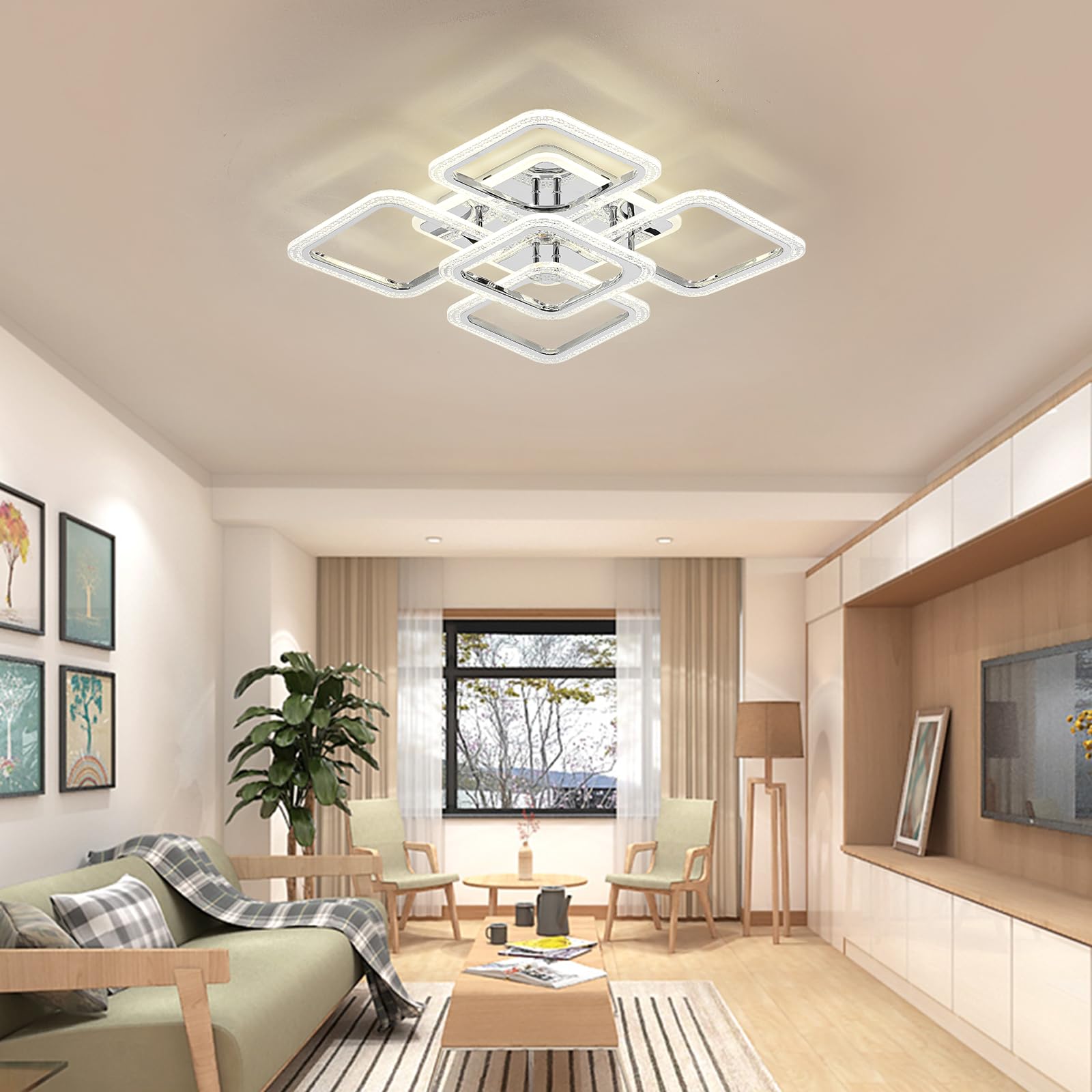 Qcyuui Plafoniera LED Quadrata Lampadari Moderni a Incasso, 100 W Dimmerabile Camera da Letto Lampade da Soffitto Design Nordico per Soggiorno Cucina con Telecomando/Cromo