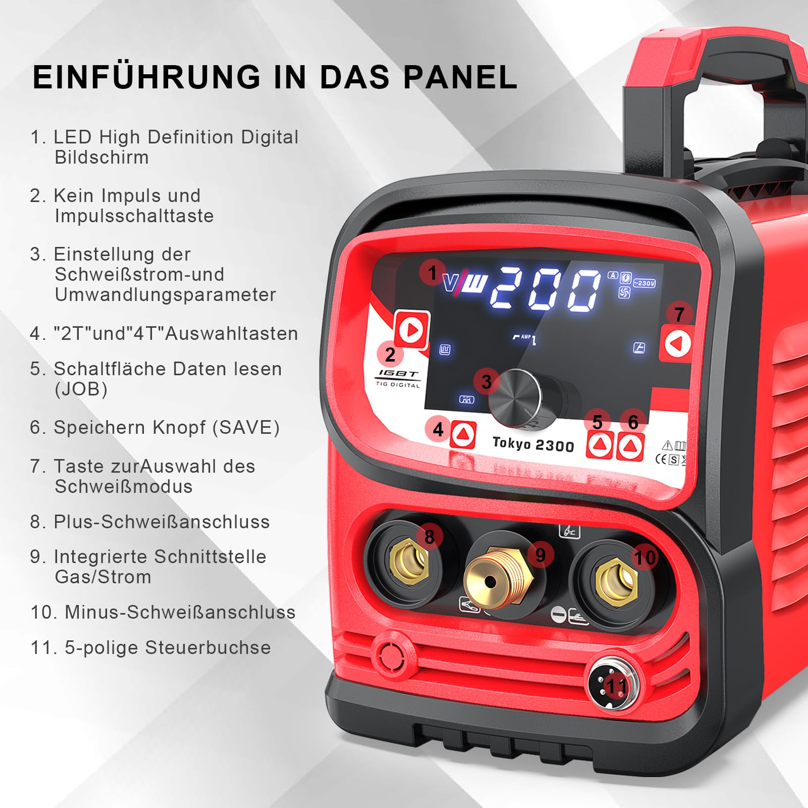 VECTOR WELDING 3-in-1 Schweißgerät Set 200A DC WIG/Puls/MMA Schweißmaschine