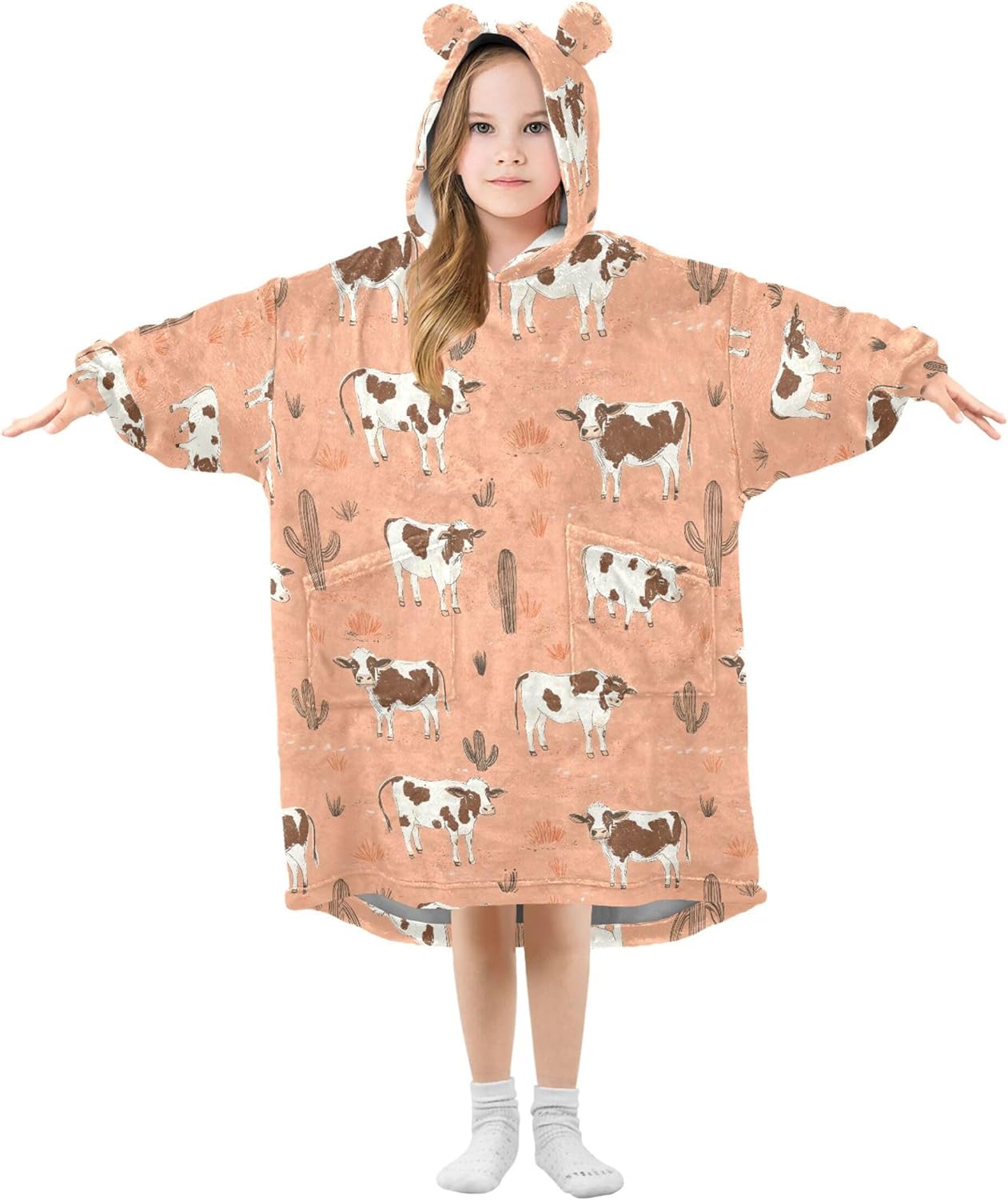 Cow Cactus Animal Kids Wearable Blanket Hoodie with Pocket and Sleeves for Toddlers, Cute Hoodies Girls Boys B0403792