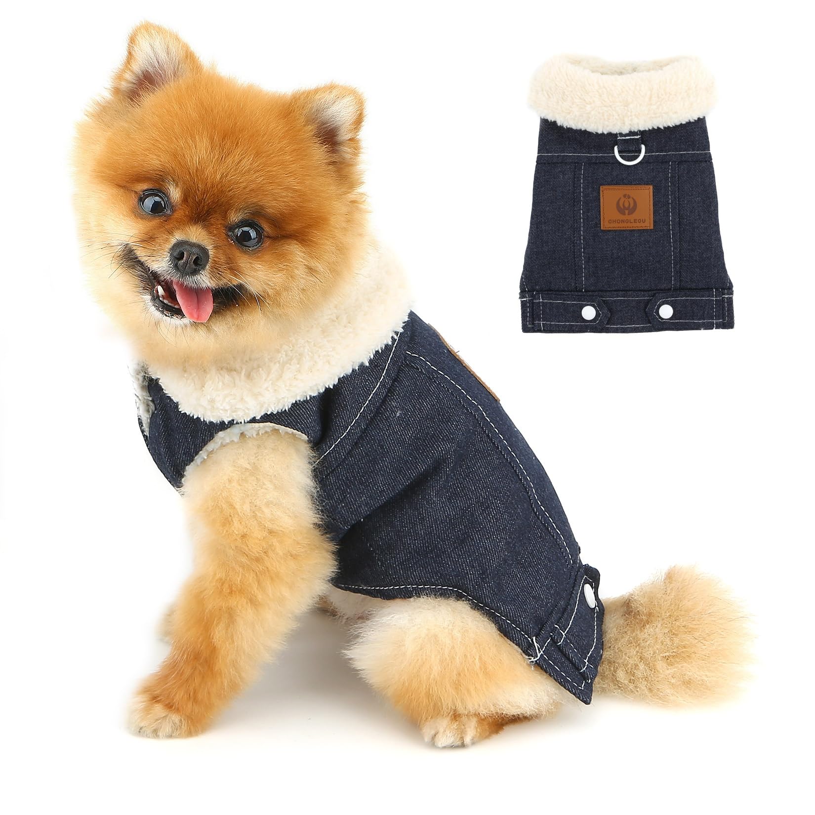 PAIDEFUL Sherpa Fleece Denim Dog Coat for Small Dogs, Sleeveless Winter Jacket with Furry Collar and Leash Ring, Warm Thermal Outfit for Chihuahua Yorkie Cats,Blue,L