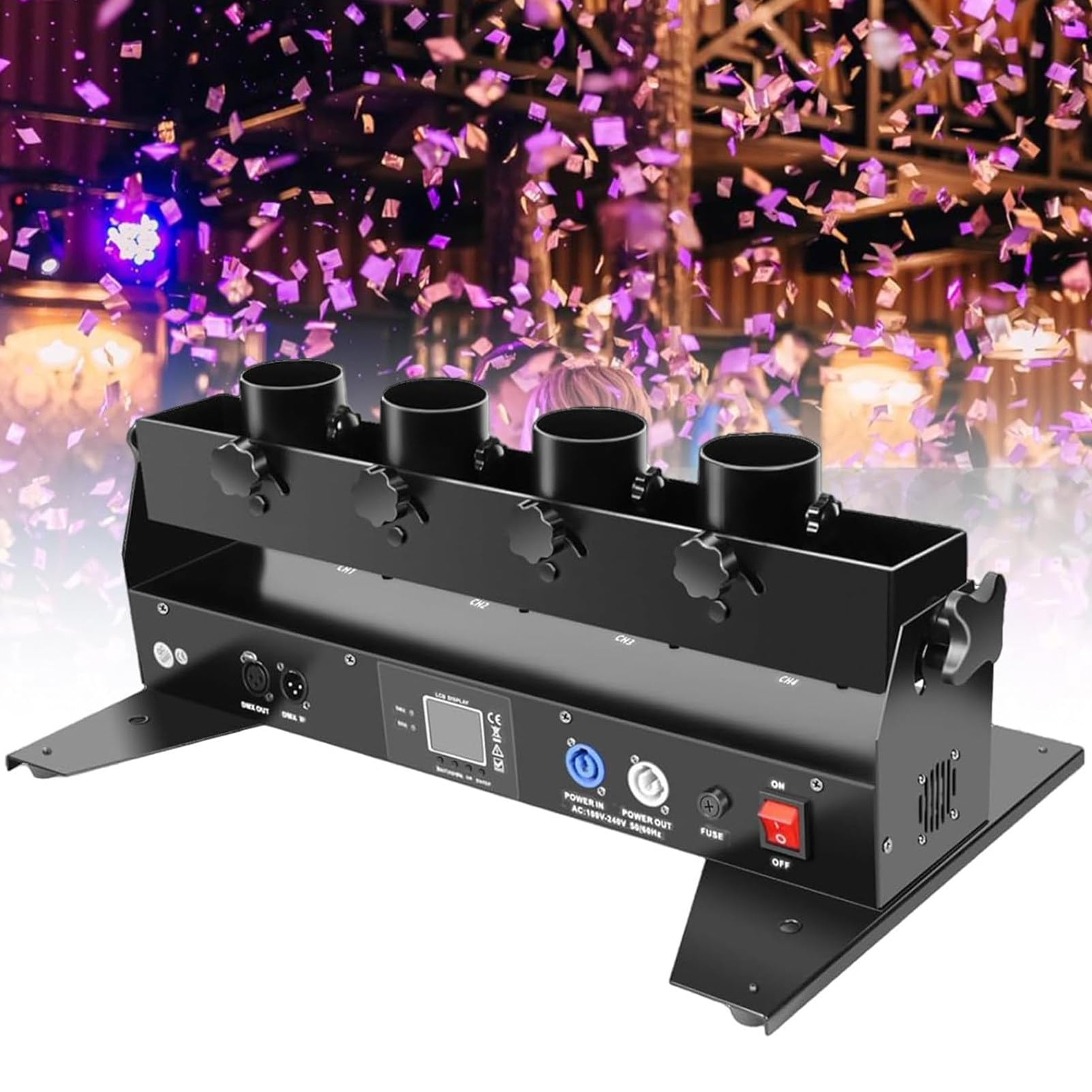 Máquina lanzadora de cañones de confeti Máquina lanzadora de cañones de confeti Cañón eléctrico portátil de 4 disparos DJ profesional para eventos, fiestas, clubes, bodas, conciertos