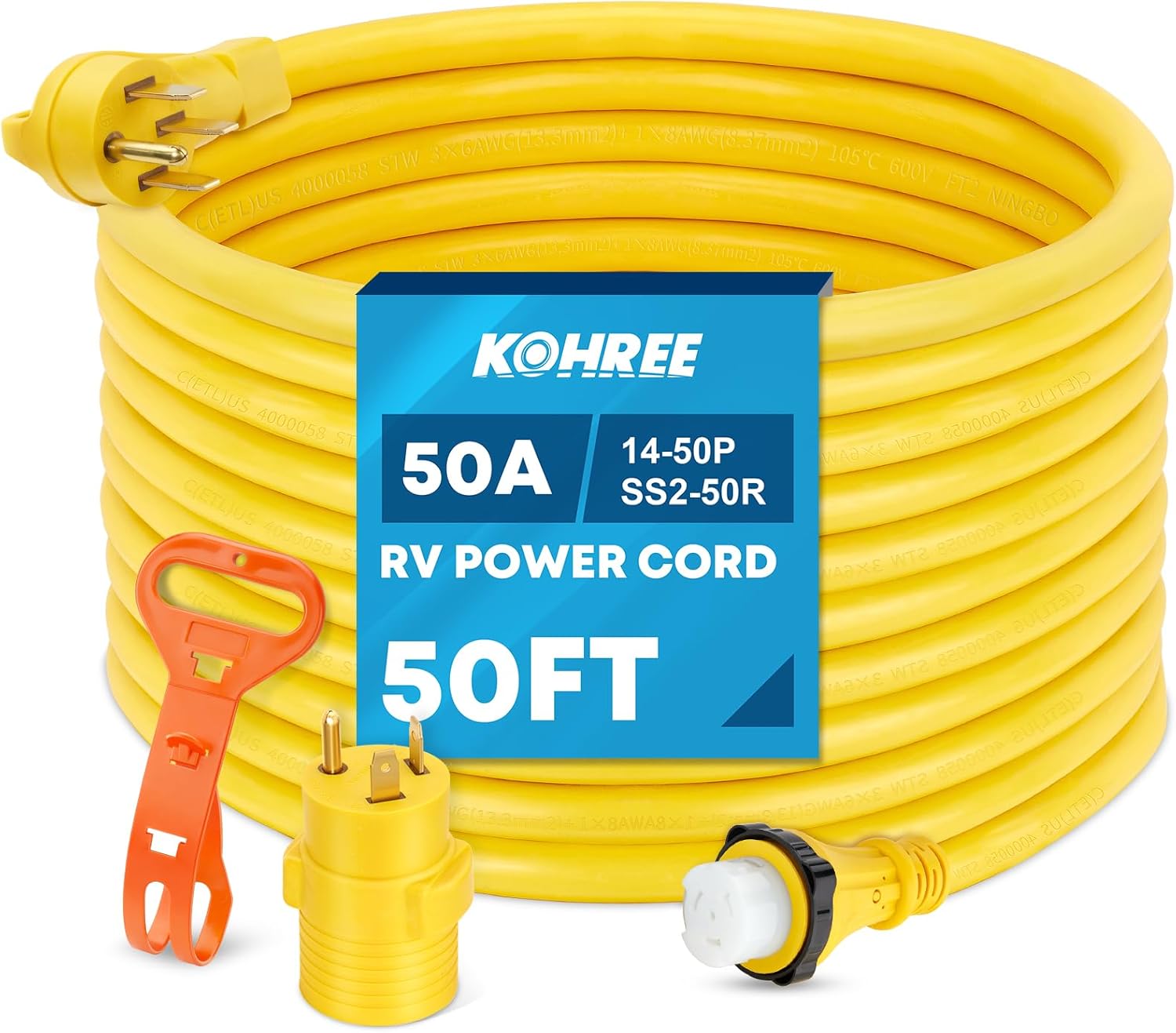 Kohree 50' RV Extension Cord 50 Amp Generator Cord, 50 Amp RV Power Cord with Grip Handle, NEMA 14-50P to SS2-50R Twist Lock, 30M/50F Adapter Included, 6/3+8/1 Gauge STW Wire, ETL Listed