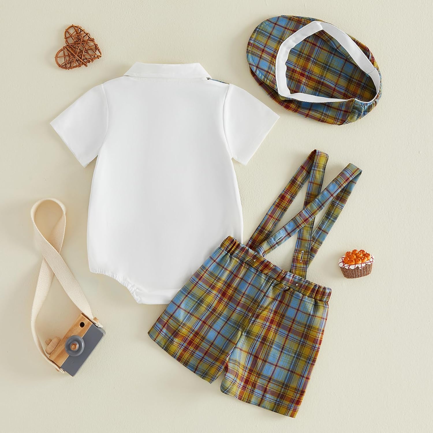 Infant Baby Boy Gentleman Outfit Plaid Short Sleeve Bowtie Romper Suspender Shorts Beret Hat Baptism Birthday Set