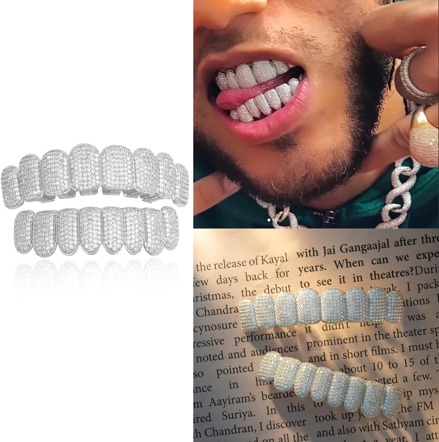 Grillz Teeth 18K Gold Plated Inlaid Shining Zircon Vampire fangs Teeth Hip Hop Street Rapper Grills Tooth Halloween Christmas for Men Women