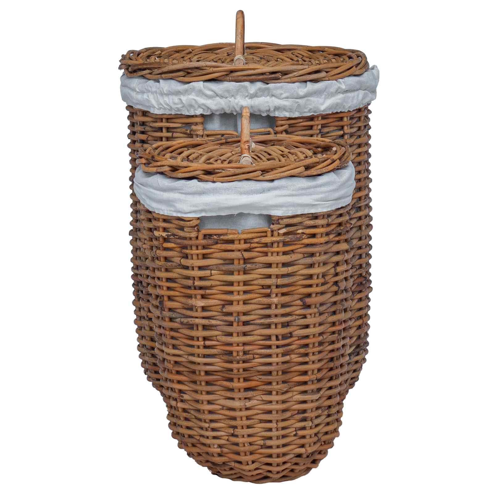 Rattan Wäschekorb 2 Stück mit Deckel, zylindrischer Wäschekorb 2er Set, 42x60 cm und 30x45 cm, geflochtener Wäschesammler mit Griffen für Schlafzimmer Wohnzimmer