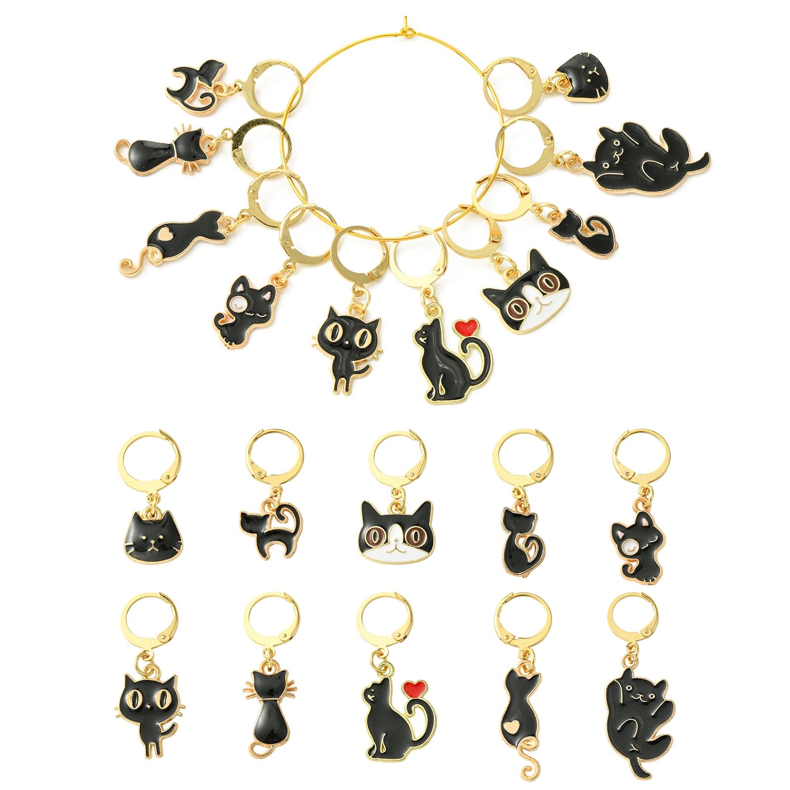 Stiesy 10Pcs Cat Stitch Markers Enamel Black Cat Charms Pet Kitten Cute Animal Charms with Clasps Crochet Leverback Hoop for Knitting Jewellry Making Weaving Crafts