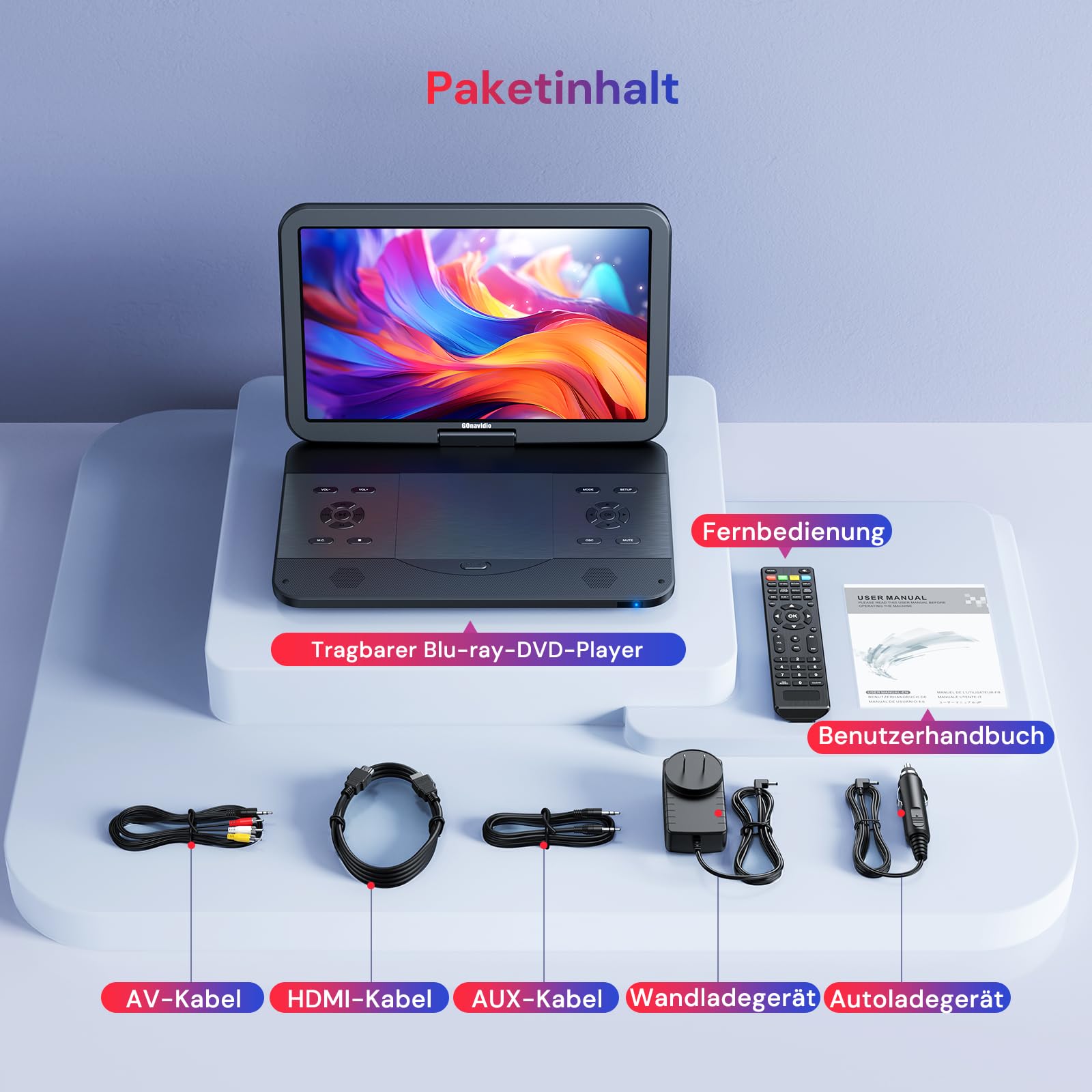 GOnavidio 15,4 Zoll Tragbarer Blu Ray DVD Player Mit HDMI Kabel, 270 ° drehbar HD 1920x1080, Blue Ray Player Tragbar Inklusive wiederaufladbarem 5 Stunden Akku USB/SD