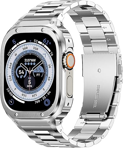 Miniatura 49 de MioHHR Correa y funda de acero inoxidable compatible con Apple Watch Band de 1.772 pulgadas, cubierta protectora de metal para hombres para iWatch