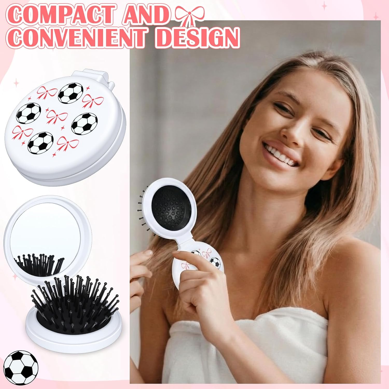 12 Pcs Soccer Mini Hair Brush with Mirror for Women Soccer Party Favor Team Gifts, Round Folding Pocket Hairbrush Compact Travel Massage Comb Hair Accessories image 4