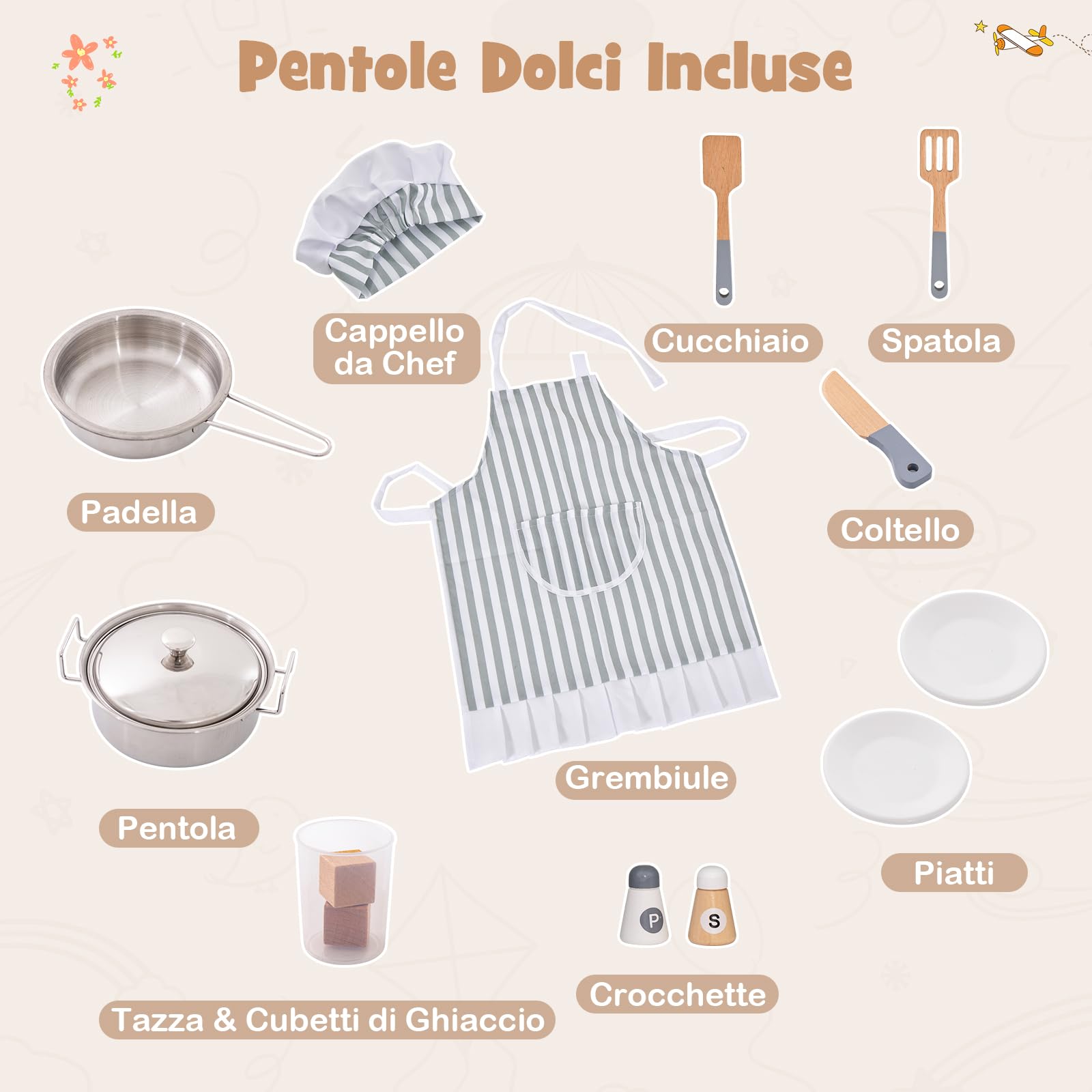 COSTWAY Cucina Giocattolo in Legno con Macchina di Ghiaccio e Accessori | Set Cucina Giocattolo con Microonde, Forno, Lavello, Lavatrice, Effetti Sonori e Luminosi per Bambini 3 Anni+