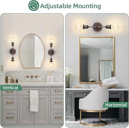 Miniatura 4 de Eidonta Lámpara de tocador de 2 luces, aplique de pared de baño de granja, lámpara de pared industrial de bronce aceitado para baño, lámpara de