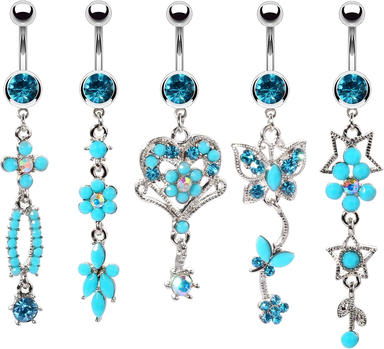 BodyJ4You Belly Button Rings Flower Seashell Nautical Anchor Curved Banana Bar 14G Dangle Stainless Steel Barbell CZ Multicolor Crystal Girl Women Teen Gift Jewelry