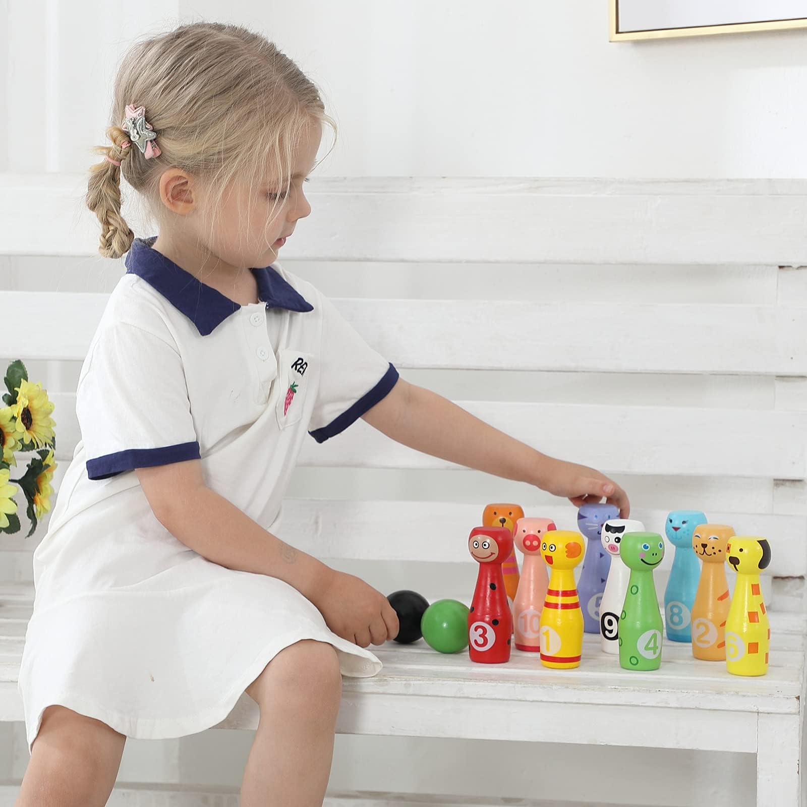 Jacootoys Zestaw kręgli kręgle gra w kręgle z 10 kręgielniami i 2 piłeczkami Interaktywne zabawki dla dzieci 3 4 5 lat
