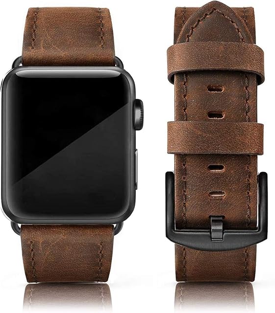 PARMPH Leather Band Compatible for Apple Watch 42mm 44mm 45mm, Genuine Leather Retro Vintage Wristband Compatible with iWatch Series 6 5 4 3 2 1 SE Sports & Edition Men, Retro Walnut