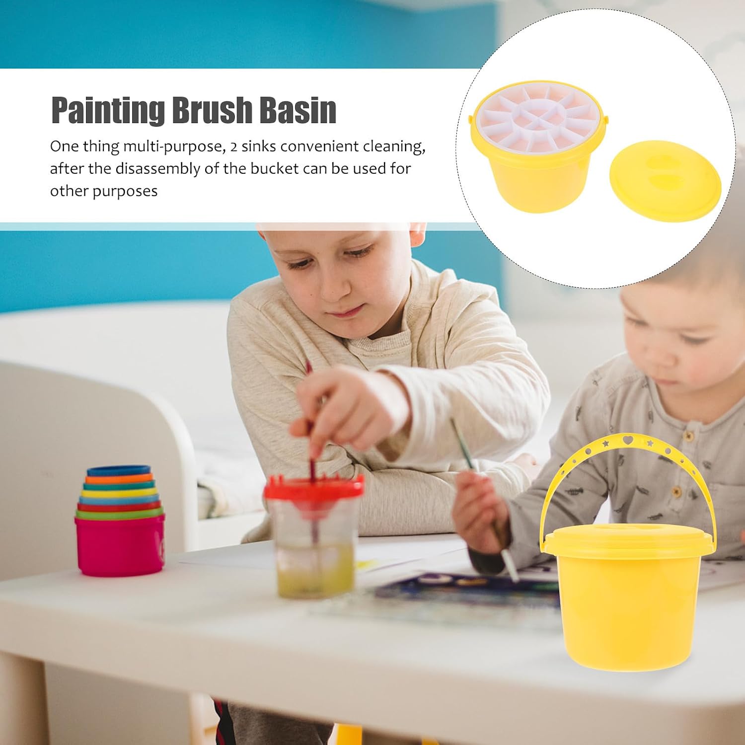 Plastic Paint Brush Washing Bucket with Color Mixing Plate for Art Classes and Crafts, Easy to Clean Painting Brush Cleaner Tub for Decorative Painters and Beginners