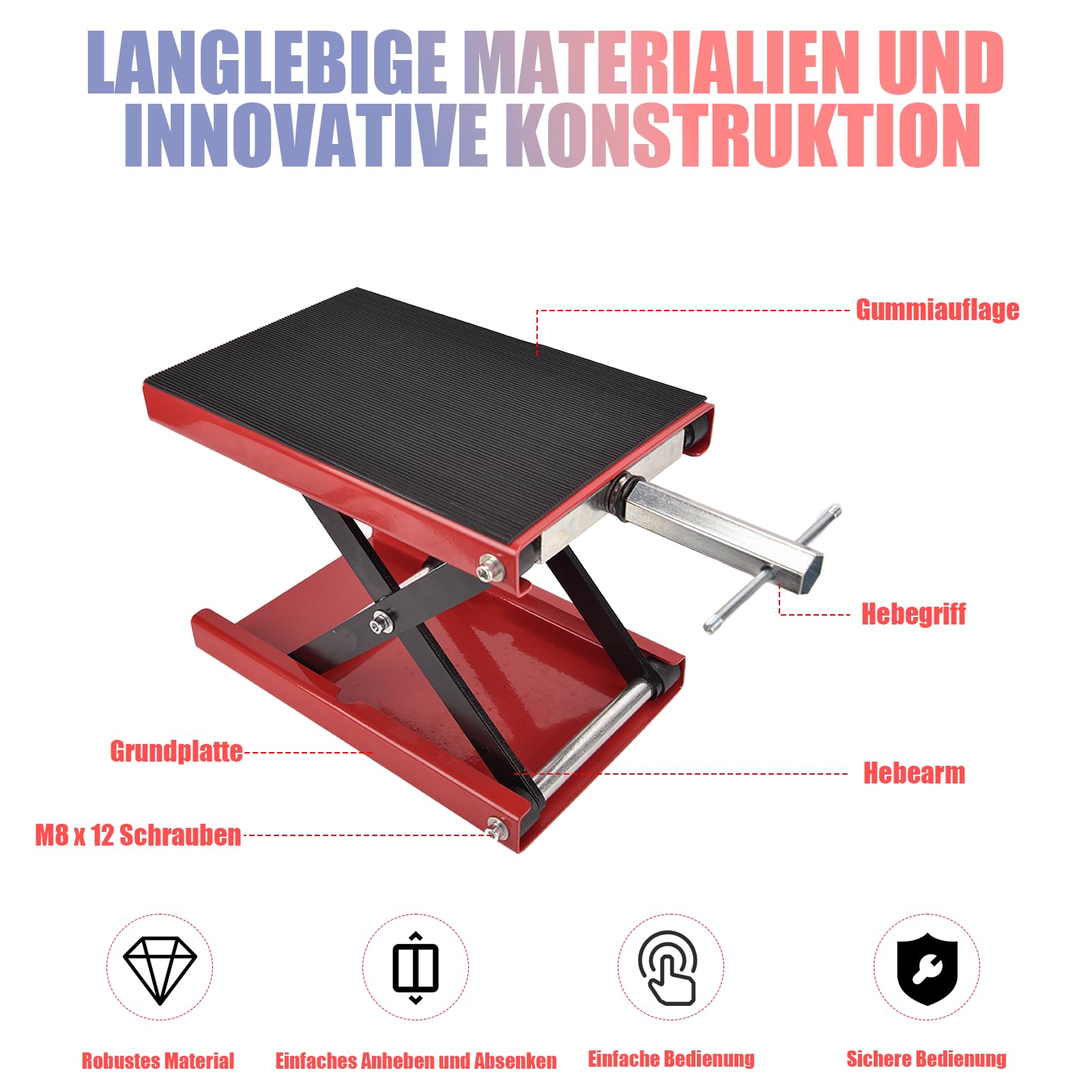 Sollevatore per moto – Piattaforma larga meccanismo di sollevamento a forbice, altezza di sollevamento 8,5 cm – 34 cm, portata 500 kg, per moto, biciclette, fuoristrada