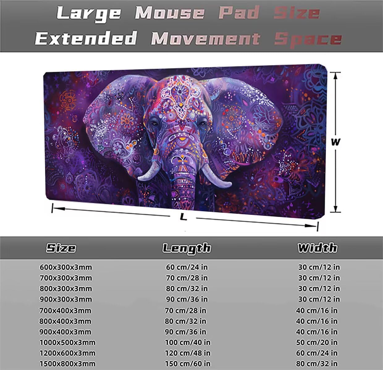 Tappetino per Mouse Gaming XXL 1200x600x3mm– Ufficio Mousepad Grande – Migliora la Velocità e la Precisione Tenuta Stabile Sottomano per Ufficio e Casa Accessori Scrivania Elefante PjY17321 N-U