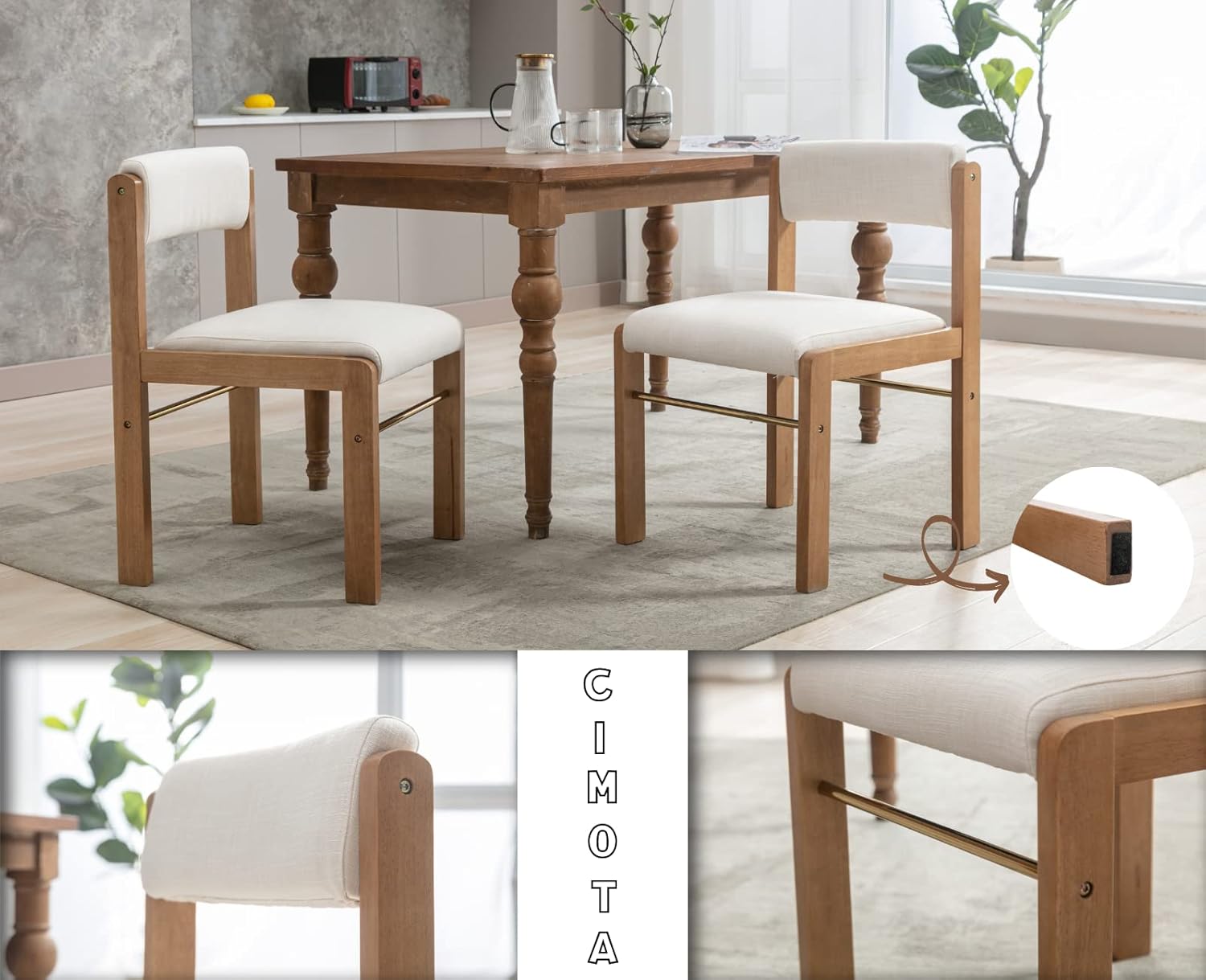 CIMOTA Mid Century Modern Dining Chairs Set of 4, Fabric Linen Kitchen Dining Room Chairs with Adjustable Back/Wood Frame/Upholstered Cushion/Farmhouse Style, Beige Linen Beige 4PCS