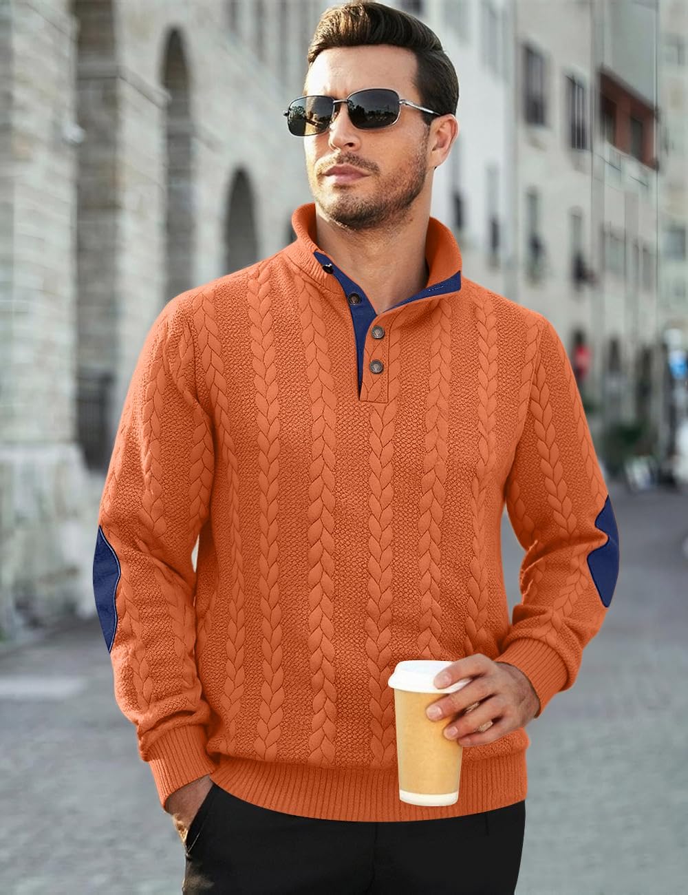 Men's Cable Knit Pullover Sweater Casual Long Sleeve Stand Collar Quarter Button Knitted Sweatshirts Quilted Sweatshirt - Image 3