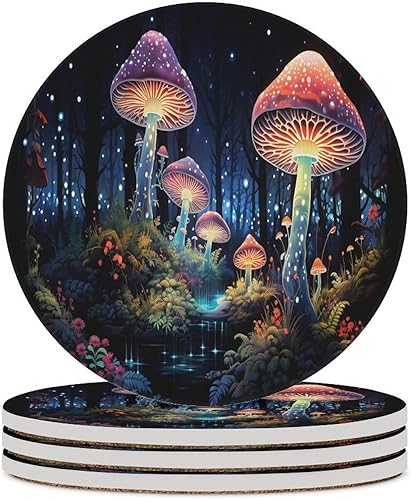 Miniatura 37 de Posavasos botánicos, posavasos redondos de cerámica redondos, 4 unidades, diseño de plantas vintage, diseño botánico de dibujos animados, hongos
