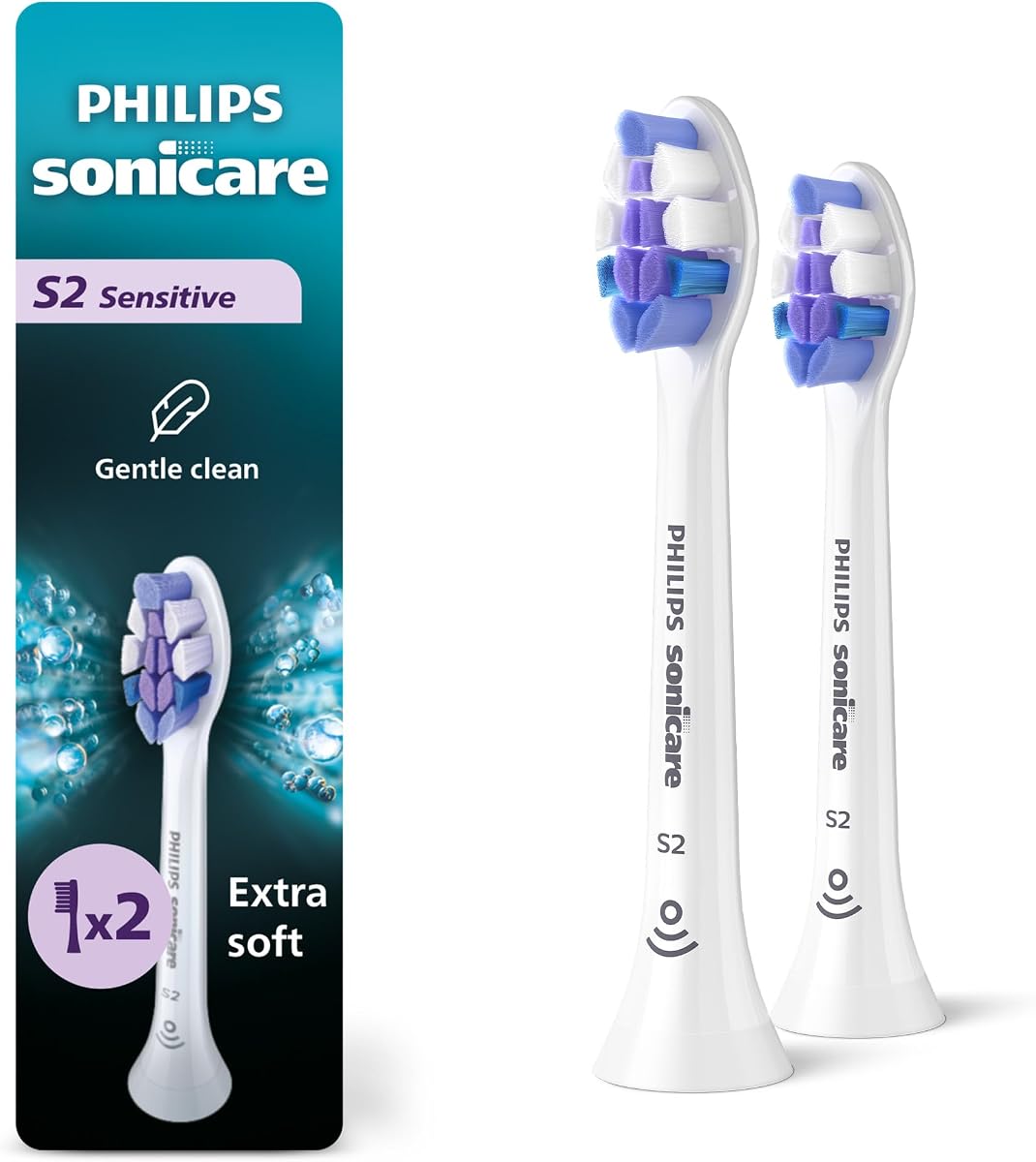 Cabezales de cepillo sensibles Philips Sonicare S2, paquete de 2, suministro para 6 meses, blanco | 1000 % más eliminación de placa¹, suave con dientes y encías sensibles, recordatorio de sincronización de cepillo, 62 000 movimientos de cerdas por minuto, HX6052/77