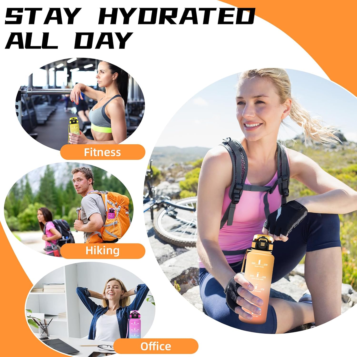 Grsta Drinking Bottle, 1.5 Litres, Water Bottle with Straw, Easy to Clean, Leak-Proof Drinking Bottle, with Motivational Slogans, Water Bottle with Time Marking, for Hiking, Yoga, Camping