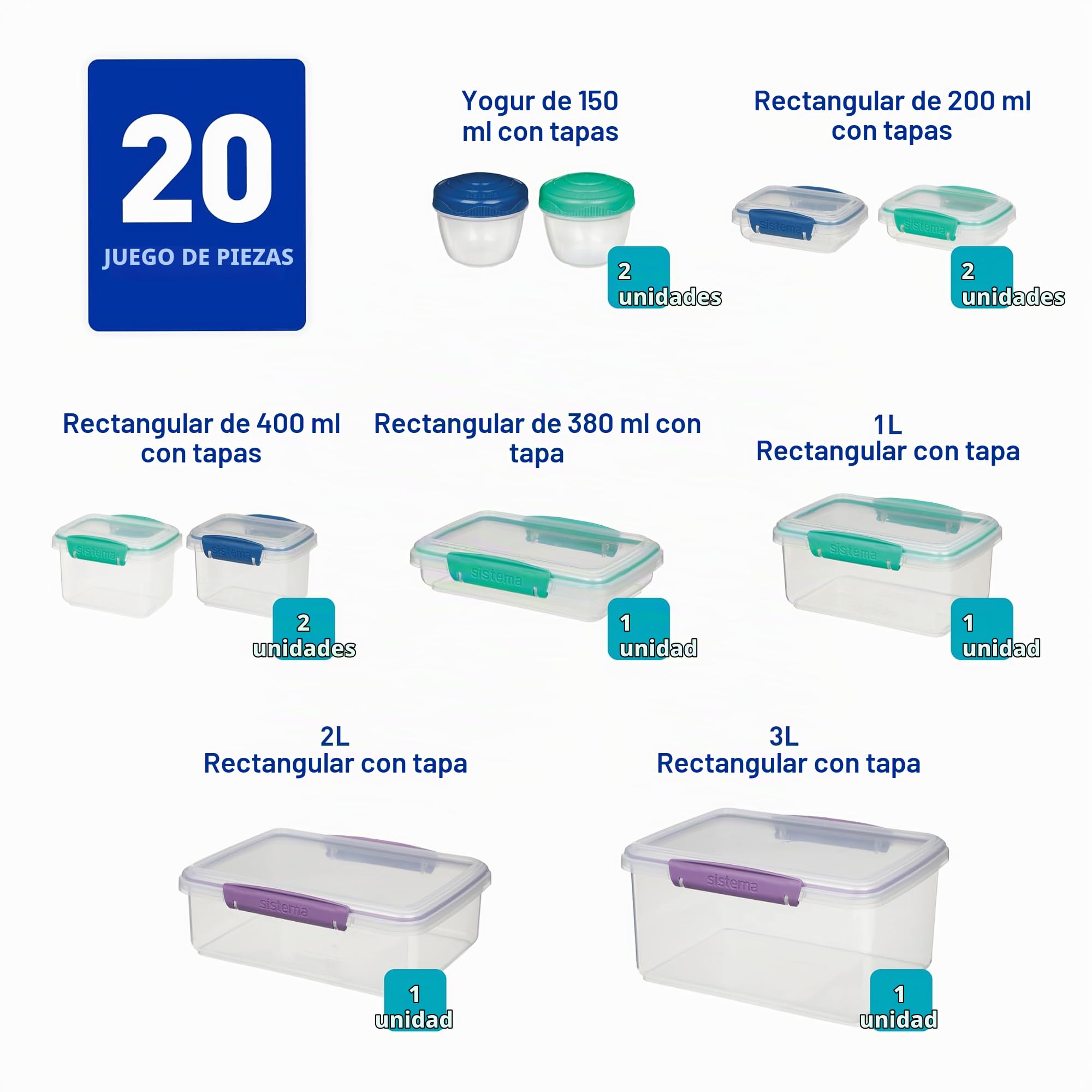 Recipientes para conservar alimentos Sistema | recipientes con tapa para preparar comidasfiambrerastáperes pequeños y más | Apilables y herméticos | Sin BPA | 20 unidades