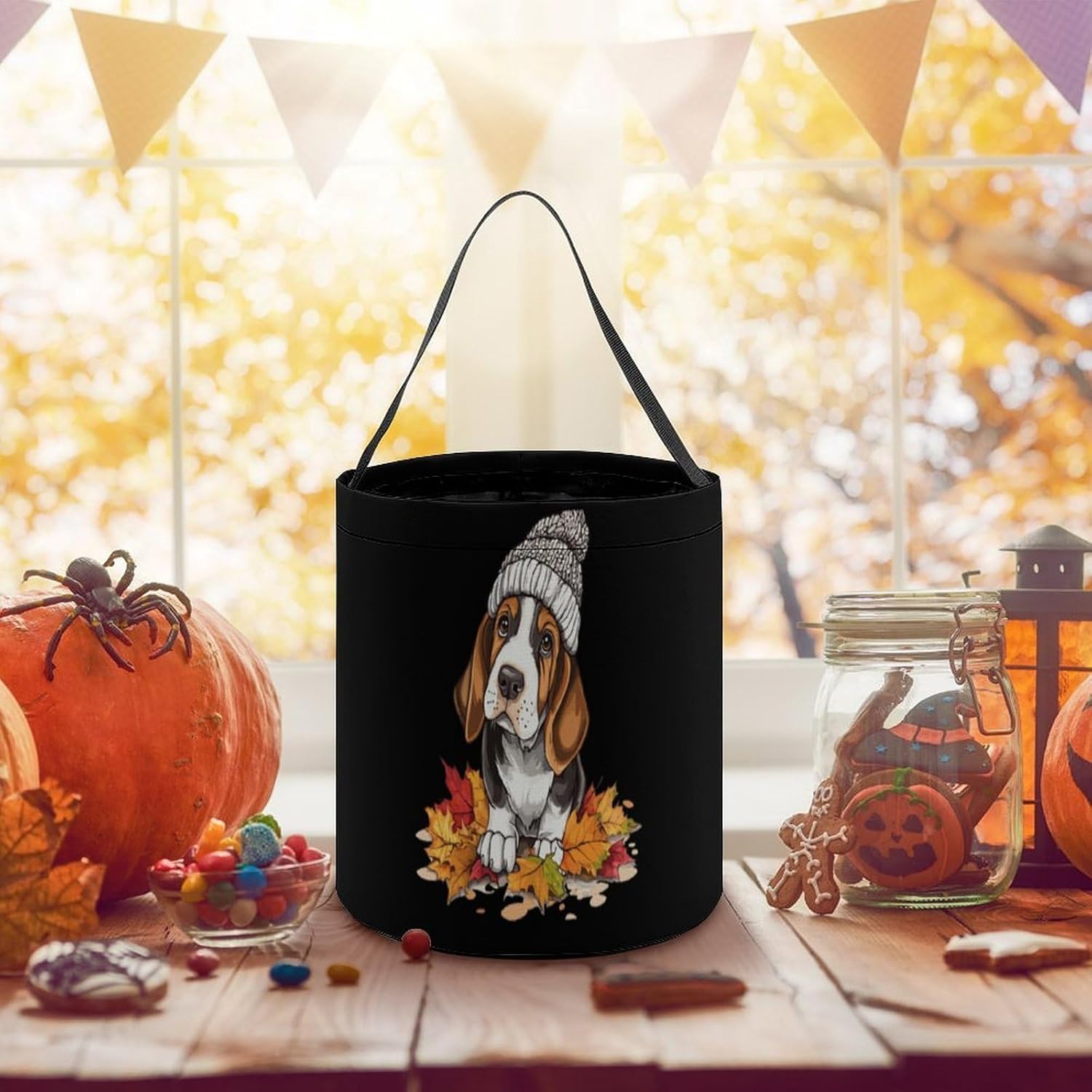 Autumn Leaves - Basset Hound Candy Bag Halloween Treat Goody Bags Party Basket Handbag Holiday Decor