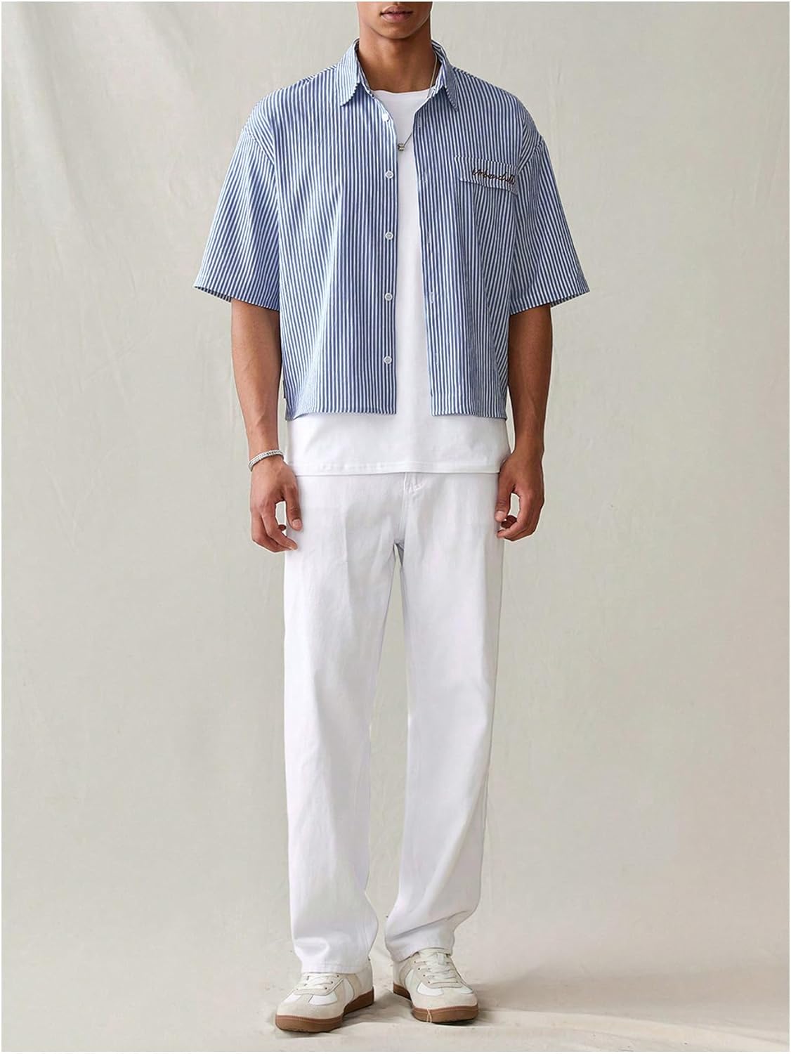 GORGLITTER Men's Striped Button Down Up Cropped T Shirt Short Sleeve Letter Summer Vacation Shirts Boxy Tees Streetwear - Image 6