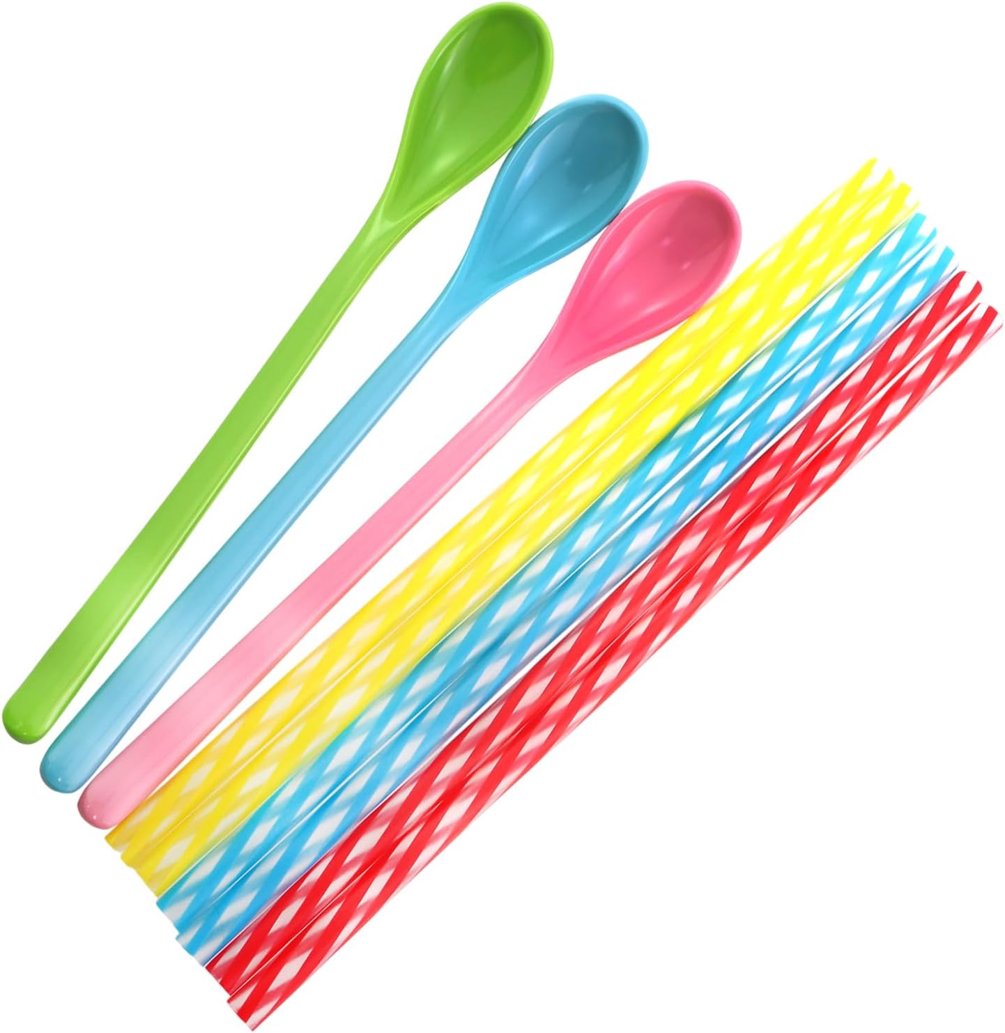 9PCS Reusable Plastic Coloured Long Handled Stirring Spoons and PP Straws Suitable for Ice Cream Milkshakes Fruit Cocktails Desserts