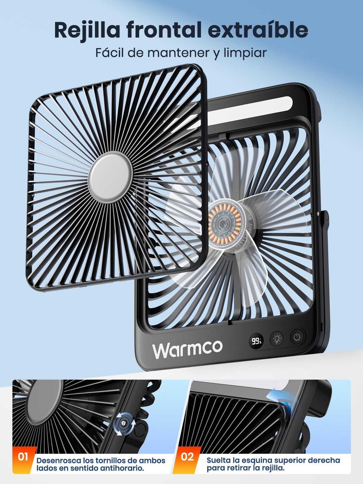 Warmco Ventilador Camping 20000mAh Recargable, 27cm de Alto Ultra-Delgado con Luz LED, 48H Duración, Ventilador Mesa Portátil para Tienda, Viaje, Exterior, Dormitorio