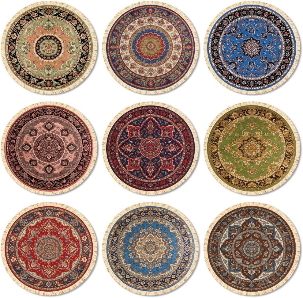 Coasters Set of 9 Mini Persian Rugs Pattern Colorful Wooden Coasters Round Housewarming for New Home, 3.9" Decorative Coffee Table for Farmhouse Bar House Decor-image-2