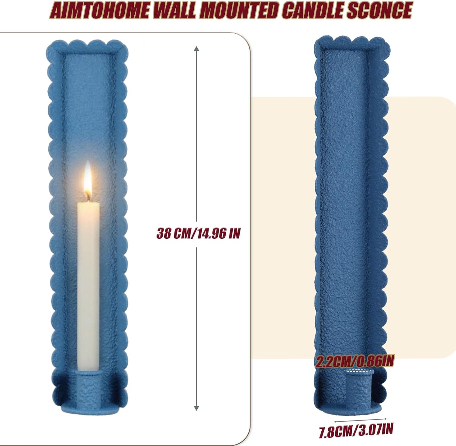 Blue Wall Candle Sconces Set of 2, Scalloped Edge Box-Shaped Cast Iron Farmhouse Church Holders for Taper Candles, Wall Mounted Rustic Candle Sconce for Living Room, Dining Room Decor