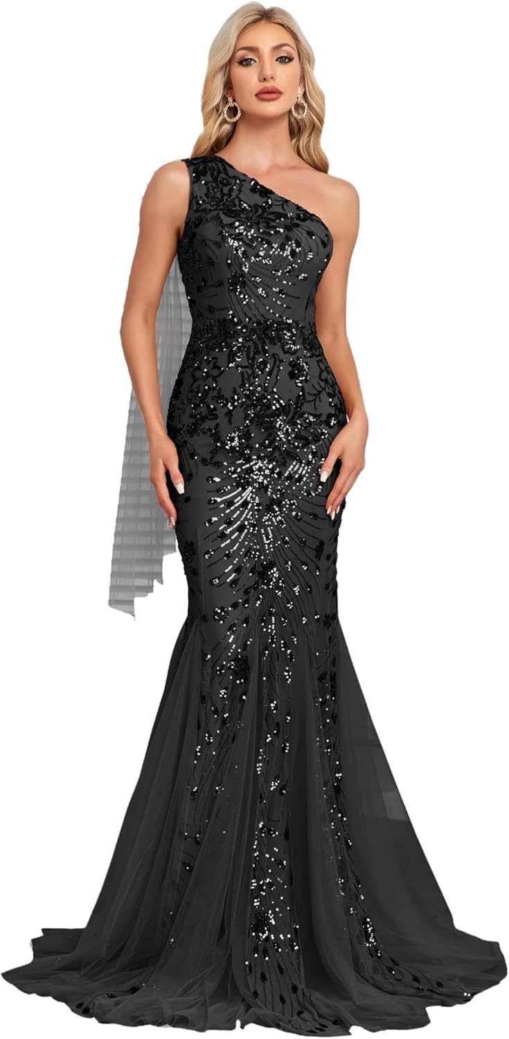One Shoulder Glitter Mermaid Dress for Mother of The Bride Women's Sexy Sequin Formal Gown