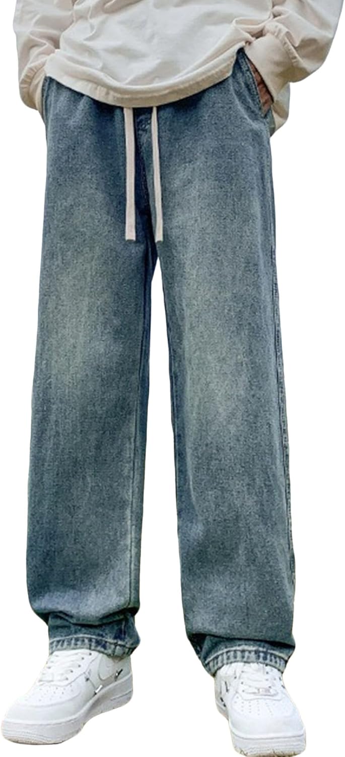 Men Drawstring Loose Denim Pants Classic High Street Solid Straight Jeans Outdoor Date Wear Fashion Denim Trouser