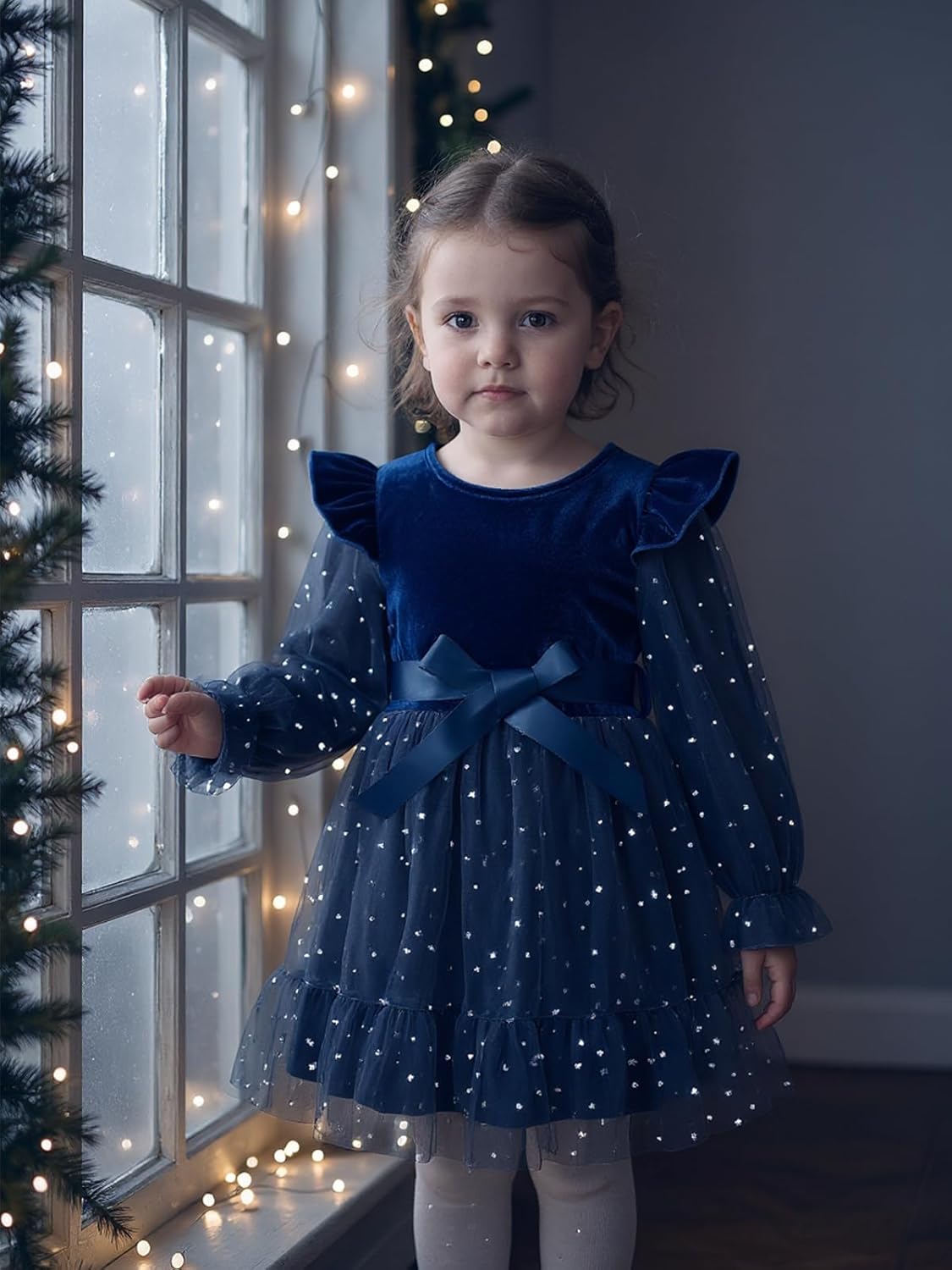 Hotfiary Toddler Girls Velvet Tulle Dress Little Girls Long Sleeve Ruffle Sequin Tutu Christmas Party Holiday Dress 2-7 Years - Image 2