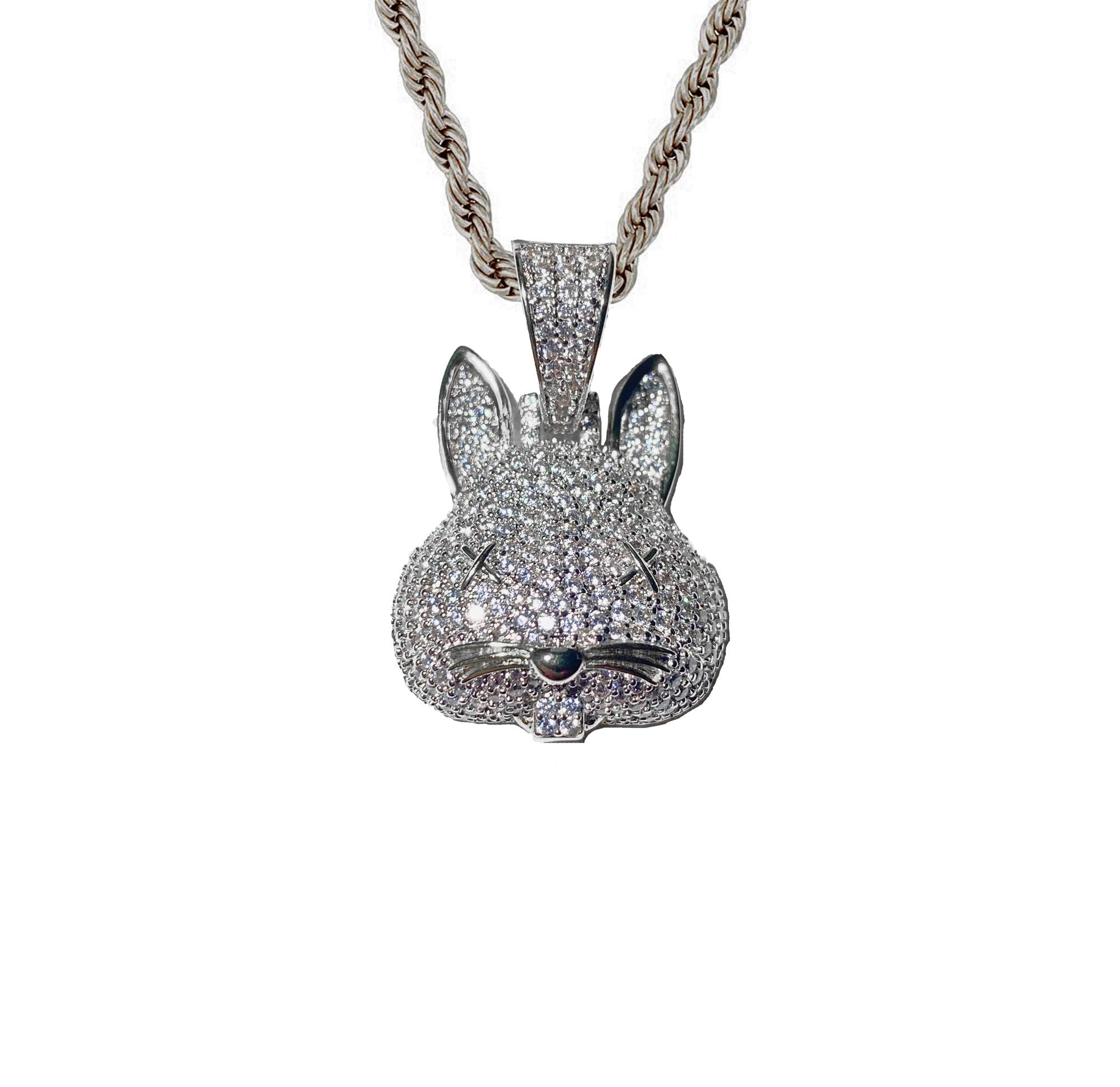 Shop-iGoldSILVER BUNNY PLAYBOI Diamond Cz Animal cute Pendant Men Women 925 Italy Iced Gold Charm Ice Out Pendant Stainless Steel Real 3 mm Rope Chain, Mans Jewelry, Iced Pendant