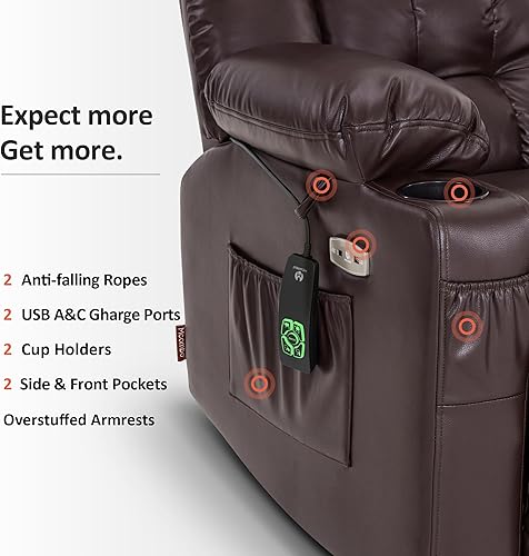 Miniatura 124 de MCombo Silla reclinable eléctrica de doble motor para personas mayores, silla elevadora plana con calor y masaje, portavasos, puertos USB, piel